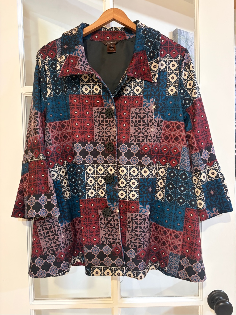 Multiples Multi Color Tile Patchwork Button Up Jacket 3/4 Sleeve Boho Retro NWT